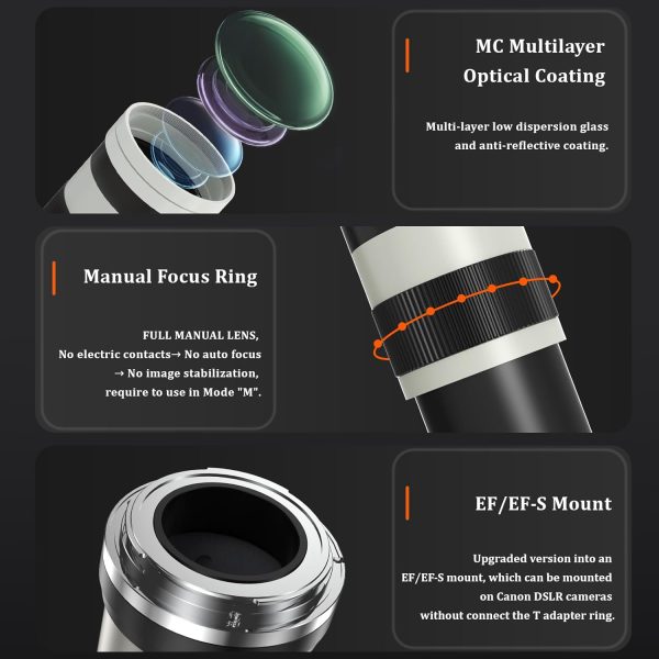 420-800mm Telephoto Lens for Canon - EF Lens for Canon DSLR, Manual Focus MF Zoom Lens for Canon EOS Rebel SL3 SL2 SL1 T8i T7i T7 T6 4000D 1500D 90D 80D 77D 70D 60D 7D 6D 5D 1D DSLR Cameras - Image 6